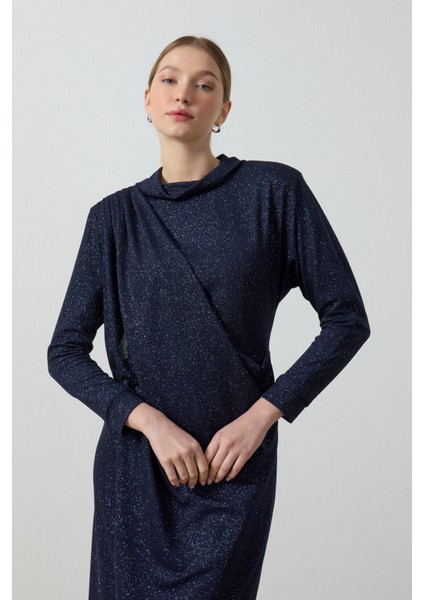 Lacivert Simli Drape Elbise