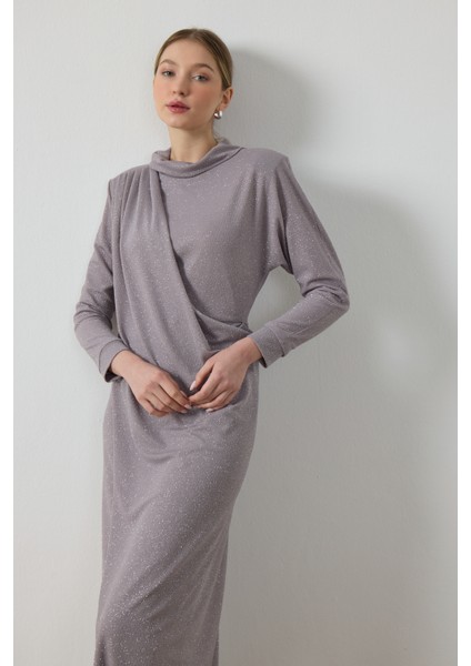 Gri Simli Drape Elbise