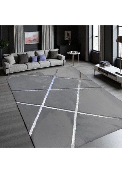 Gri Tonlarında Modern Peluş Halı, Modern Tasarımlı Salon Halısı