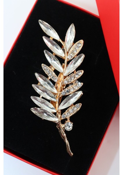 Gold Renk Pırlantalı Buğday Başağı Broş. Taşlı Tasarım Broş. Yaka Iğnesi Broş. Buğday Başağı Broş.
