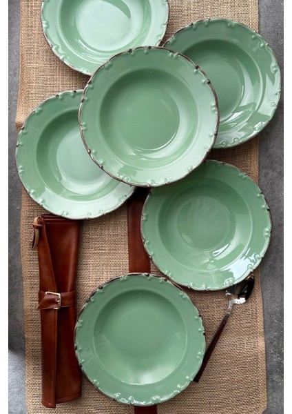 El Yapımı Yeşil Retro Porselen 6'lı Çukur Yemek Tabağı Takımı