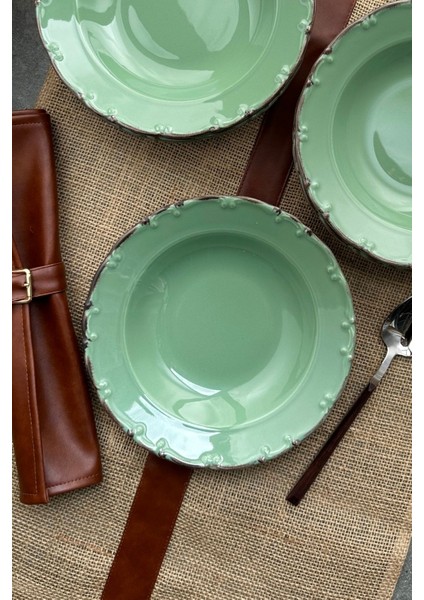 El Yapımı Yeşil Retro Porselen 6'lı Çukur Yemek Tabağı Takımı fiyatları