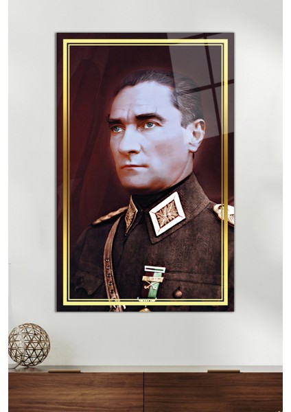 Gold Şeritli Renkli Üniformalı Atatürk Cam Tablo, Ev Ofis Dekoru Hediyelik Duvar Dekorasyonu