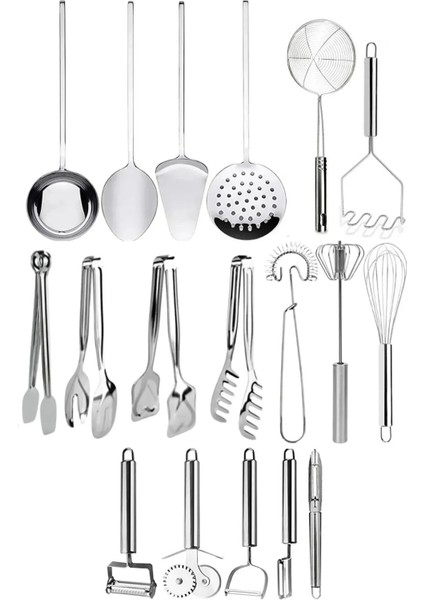 Paslanmaz Çelik Mutfak Gereçleri 18 Parça, Set, Kepçe, Çırpıcı, Soyacak, Maşa, Çeyiz Hazırlığı