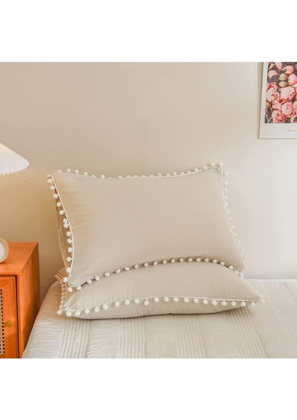 2’li Pamuklu Yastık Kılıfı 50X70 Cm, Bej, Ponpon Kenar, Dekoratif, Nefes Alır