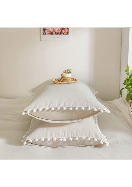 2’li Pamuklu Yastık Kılıfı 50X70 Cm, Bej, Ponpon Kenar, Dekoratif, Nefes Alır modelleri