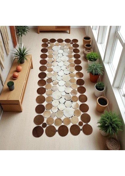 Kahve Puantiyeli Dana Derisi Patchwork Yolluk Halı, Şık Tasarımlı Yolluk, Kaymaz Taban Halı indirimleri