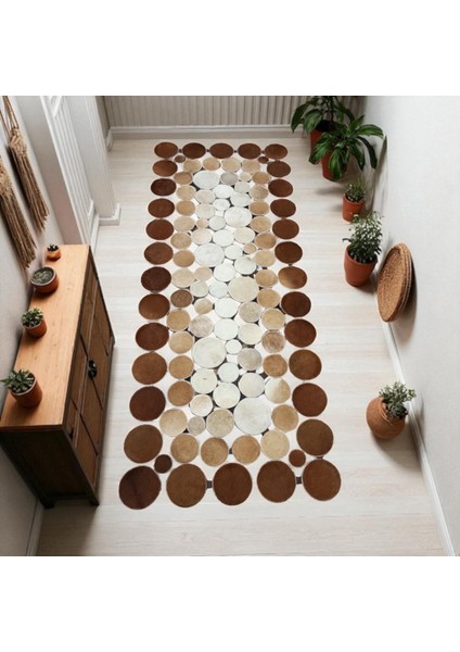Kahve Puantiyeli Dana Derisi Patchwork Yolluk Halı, Şık Tasarımlı Yolluk, Kaymaz Taban Halı modelleri