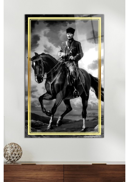Gold Şeritli Siyah Beyaz At Üzerinde Atatürk Cam Tablo, Ev Ofis Dekoru Hediyelik Duvar Dekorasyonu
