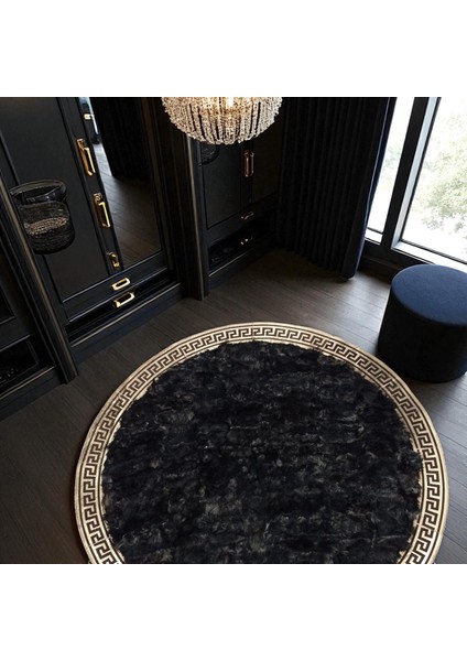 Şık Siyah Yuvarlak Toskana Derisi Halı - Lüks Salon Halısı, Modern Yuvarlak Salon Halısı fırsatları