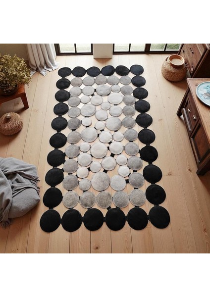 Siyah Gri Daire Desenli Dana Derisi Halı, Modern Yolluk Halı, Kaymaz Taban Yolluk