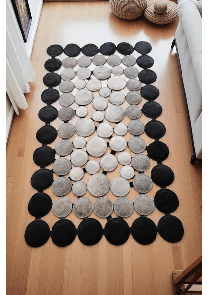 Siyah Gri Daire Desenli Dana Derisi Halı, Modern Yolluk Halı, Kaymaz Taban Yolluk fiyatları