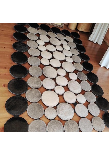 Siyah Gri Daire Desenli Dana Derisi Halı, Modern Yolluk Halı, Kaymaz Taban Yolluk indirimleri