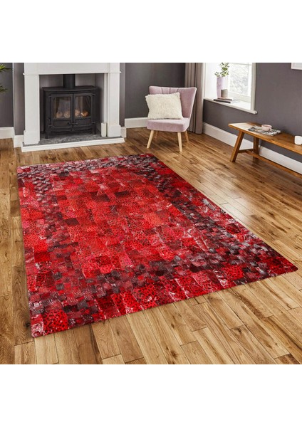 Kırmızı Leopar Desenli Gerçek Deri Patchwork Halı, Şık ve Lüks Tasarım Halı, Kaymaz Taban Halı