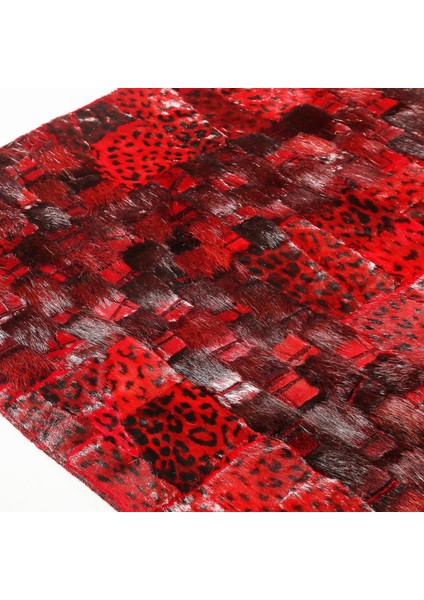 Kırmızı Leopar Desenli Gerçek Deri Patchwork Halı, Şık ve Lüks Tasarım Halı, Kaymaz Taban Halı fiyatları
