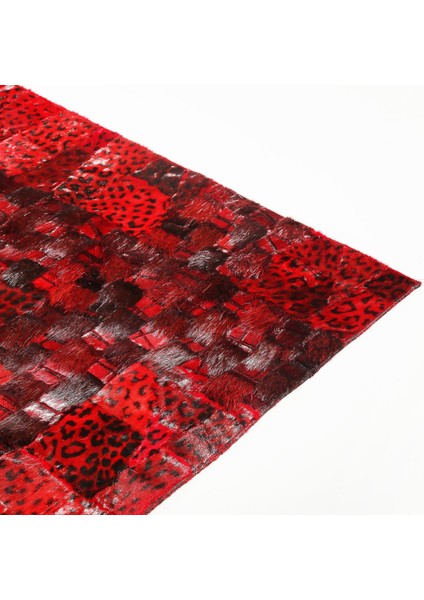 Kırmızı Leopar Desenli Gerçek Deri Patchwork Halı, Şık ve Lüks Tasarım Halı, Kaymaz Taban Halı fırsatları