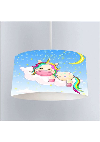 Mavi Bulut ve Unicorn Dijital Baskı Modern Avize, Şık ve Renkli Tasarım