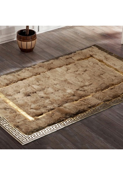 Altın Kenarlı Açık Kahverengi Koyun Derisi Halı, Modern ve Şık Tasarımlı Halı, Kaymaz Tabanlı Halı