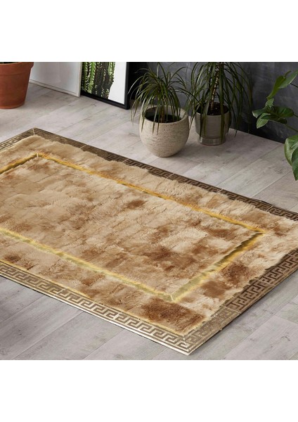 Altın Kenarlı Açık Kahverengi Koyun Derisi Halı, Modern ve Şık Tasarımlı Halı, Kaymaz Tabanlı Halı fırsatları