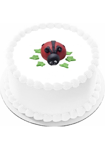 Şeker Hamurundan Pasta Tamamlayıcı Süs Uğur Böceği ve Yapraklar Modelli Figür