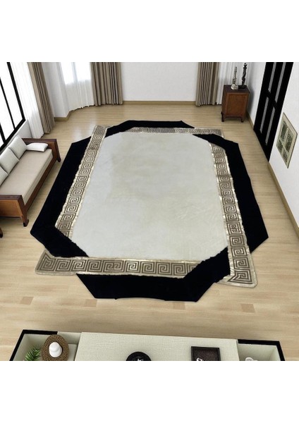 Siyah Şeritli Beyaz Peluş Halı - Yumuşak Salon Halısı indirimleri