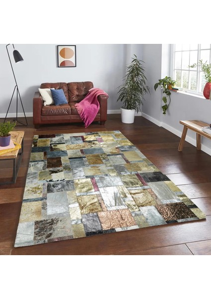 Altın Gümüş Renkli Dana Derisi Patchwork Halı – El Dokuma Gerçek Deri Dekoratif Giriş Halısı