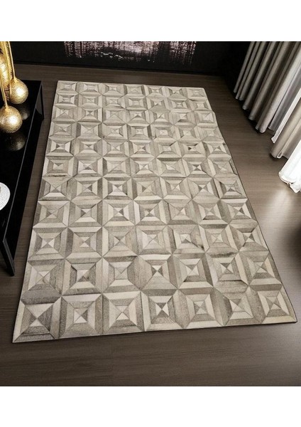 El Yapımı Desenli Gri Patchwork Halı – Doğal Dana Derisi Giriş Halısı fırsatları