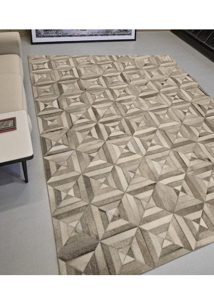 El Yapımı Desenli Gri Patchwork Halı – Doğal Dana Derisi Giriş Halısı indirimleri