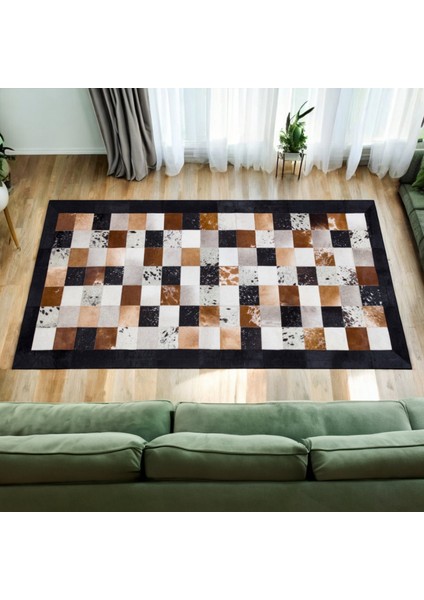 Kahverengi Tonları Dana Derisi Patchwork Halı – El Dokuma Hakiki Deri Lüks Koridor Halısı fiyatları