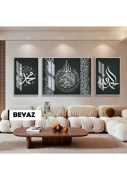 |gri-Gümüş Ayetel Kürsi Dini Model|çerçeveli Temperli Cam Tablo 3lü Yatay