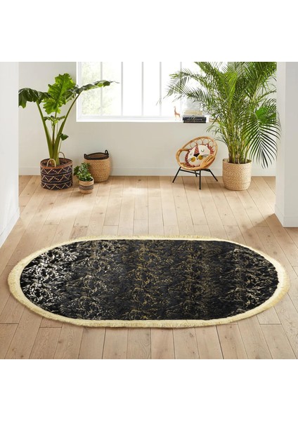 Altın Püsküllü Siyah Peluş Halı - Şık Dekoratif Halı, Kaymaz Taban Halı