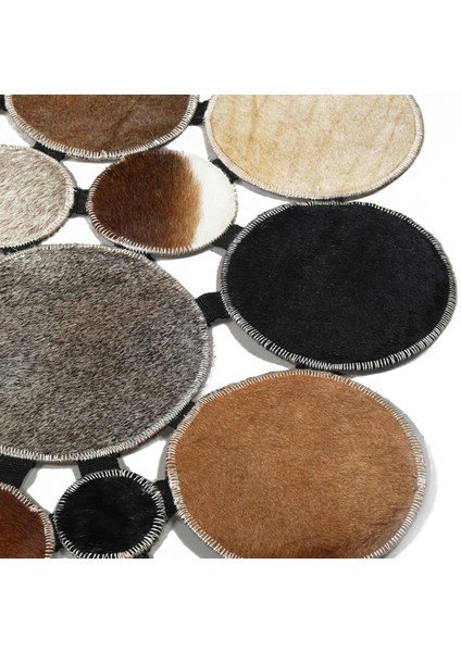 Çok Renkli Patchwork Yuvarlak Dana Derisi Halı, Lüks Kaymaz Salon Halısı