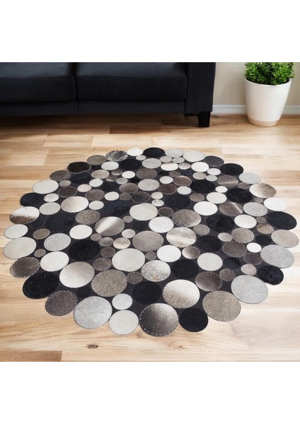 Siyah Gri Puantiyeli Yuvarlak Dana Derisi Halı, El Dokuma Modern Halı