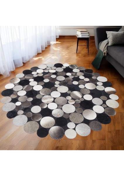 Siyah Gri Puantiyeli Yuvarlak Dana Derisi Halı, El Dokuma Modern Halı fiyatları