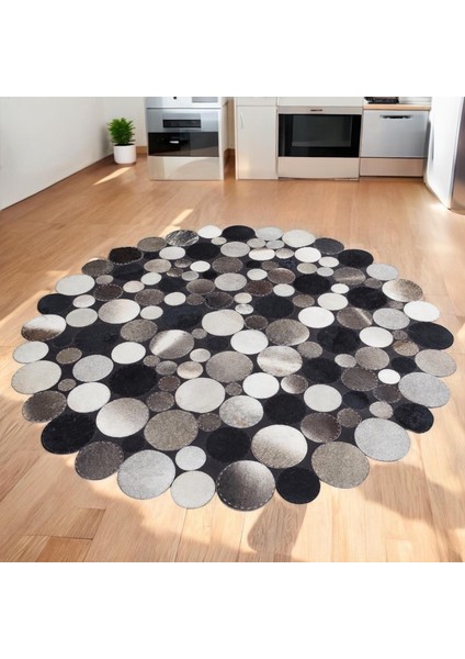Siyah Gri Puantiyeli Yuvarlak Dana Derisi Halı, El Dokuma Modern Halı fırsatları