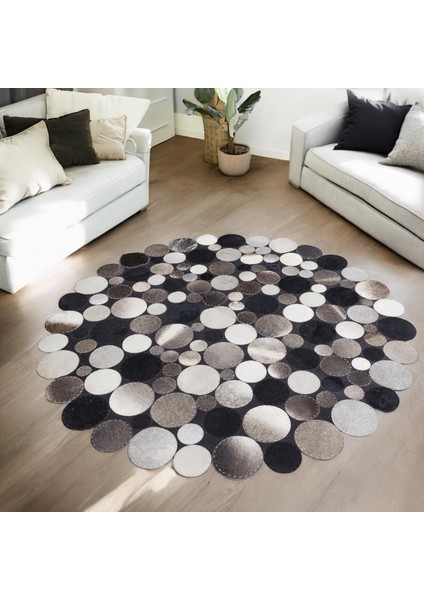 Siyah Gri Puantiyeli Yuvarlak Dana Derisi Halı, El Dokuma Modern Halı indirimleri
