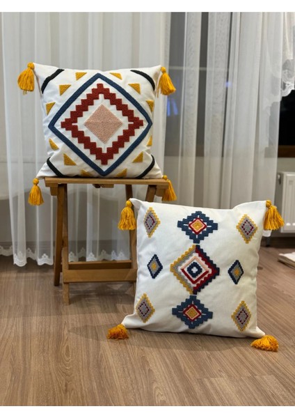 2'li Punch Işlemeli Nakışlı Panç Dekoratif Kırlent Kılıfı