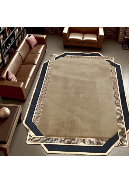 Altın ve Siyah Bordürlü Açık Kahverengi Peluş Halı – El Yapımı Şık ve Yumuşak Salon Halısı fiyatları