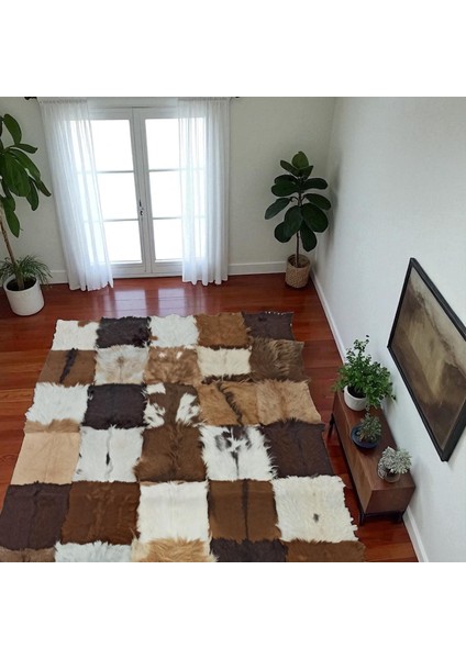 Kahverengi El Yapımı Oğlak Derisi Patchwork Halı, Şık Tasarımlı Halı, Modern Ev Halısı indirimleri