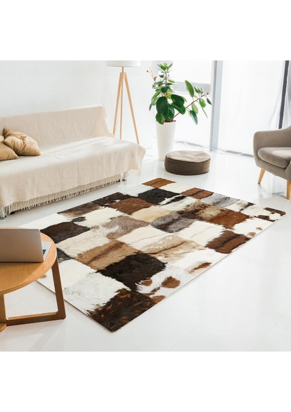 Kahverengi ve Taba Renkli Oğlak Derisi Patchwork Halı, Şık ve Modern Tasarımlı Salon Halısı