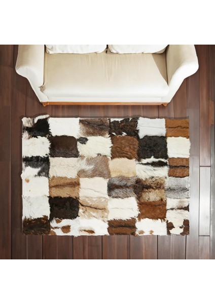Kahverengi ve Taba Renkli Oğlak Derisi Patchwork Halı, Şık ve Modern Tasarımlı Salon Halısı fırsatları