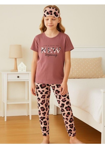 Kız Çocuk Pamuklu Kısa Kol Leopar Desenli Pijama Takım(Uyku Bandı Dahil)