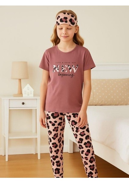 Kız Çocuk Pamuklu Kısa Kol Leopar Desenli Pijama Takım(Uyku Bandı Dahil) fırsatları