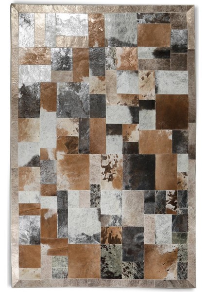 Gümüş Kahverengi Doğal Dana Derisi Patchwork Halı – El Yapımı Hakiki Deri Lüks Salon Halısı