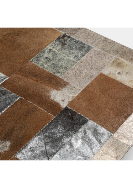 Gümüş Kahverengi Doğal Dana Derisi Patchwork Halı – El Yapımı Hakiki Deri Lüks Salon Halısı indirimleri