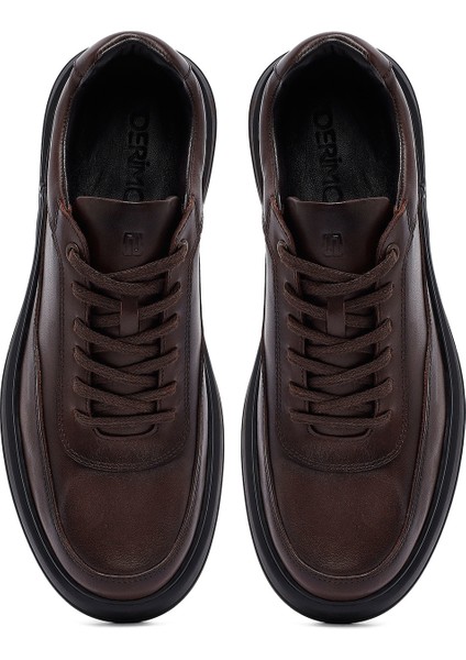 Erkek Kahverengi Bağcıklı Deri Casual Sneaker 25WFD660318