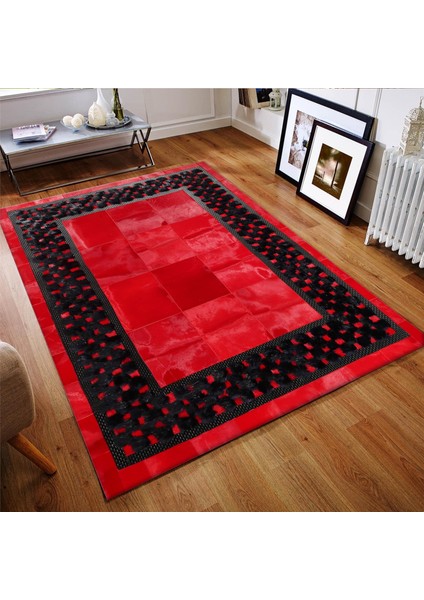 Kırmızı Siyah Hakiki Dana Derisi Patchwork Halı – El Yapımı Gerçek Deri Halı
