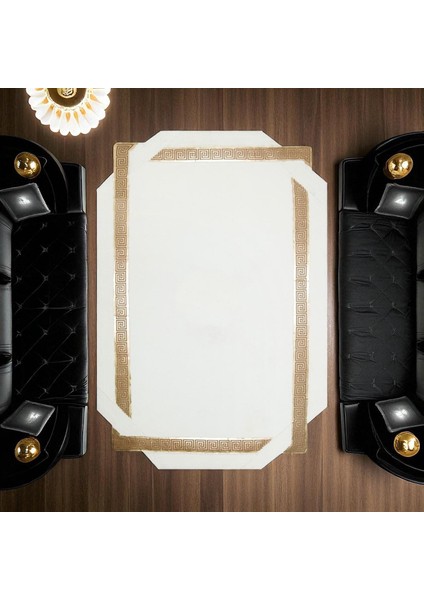 Beyaz Altın Şeritli Yumuşak Peluş Halı - Şık Salon Halısı