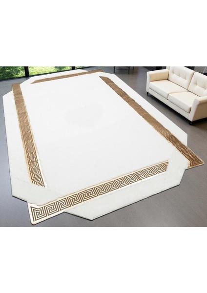 Beyaz Altın Şeritli Yumuşak Peluş Halı - Şık Salon Halısı fiyatları