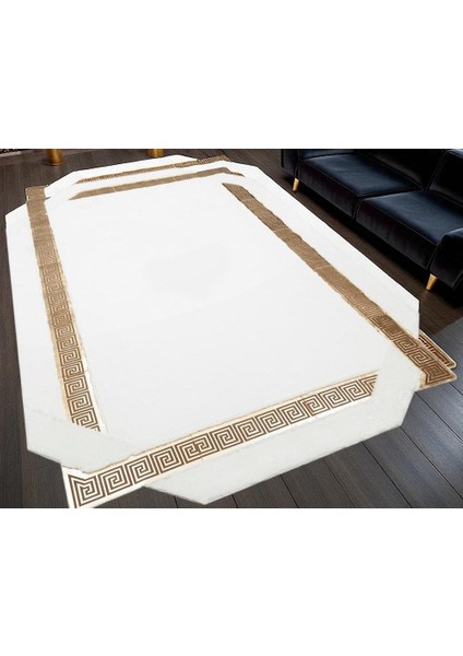 Beyaz Altın Şeritli Yumuşak Peluş Halı - Şık Salon Halısı fırsatları